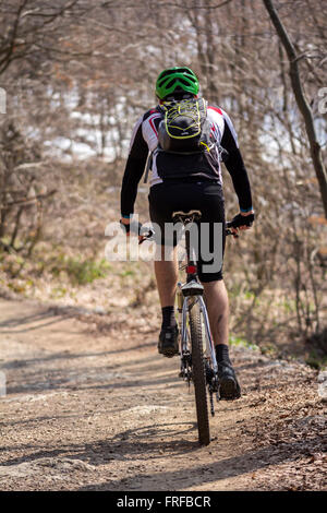 Young cyclist riding mountain bike on forest trail Stock Photo