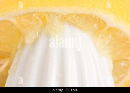 Lemon and squeezer in extreme close up. Concept of food preparation and cooking with fresh fruit. Stock Photo
