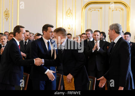 Bratislava, Slovakia. 22nd Mar, 2016. The chairmen of four Slovak political parties (from left) Radoslav Prochazka, Andrej Danko, Robert Fico and Bela Bugar signed a coalition agreement today following a recent general election. Prime Minister Robert Fico's Smer-Social Democracy (Smer-SD) will have the strongest representation in the government in Bratislava, Slovakia, March 22, 2016. © Martin Mikula/CTK Photo/Alamy Live News Stock Photo