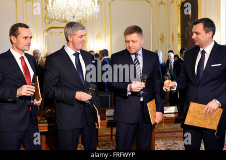 Bratislava, Slovakia. 22nd Mar, 2016. The chairmen of four Slovak political parties (from left) Radoslav Prochazka, Bela Bugar, Robert Fico, Andrej Danko signed a coalition agreement today following a recent general election. Prime Minister Robert Fico's Smer-Social Democracy (Smer-SD) will have the strongest representation in the government in Bratislava, Slovakia, March 22, 2016. © Martin Mikula/CTK Photo/Alamy Live News Stock Photo