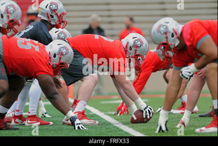 Albuquerque, NM, USA. 22nd Mar, 2016. UNM #62 Garrett Adcock gets ready to snap the ball to quarter back #13 Lamar Jordan during spring football practice. Tuesday, Mar. 22, 2016. © Jim Thompson/Albuquerque Journal/ZUMA Wire/Alamy Live News Stock Photo