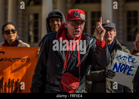 New York, United States. 22nd Mar, 2016. Housing advocate from Staten Island at City Hall calling on the New York City Council to oppose the Mayor's Mandatory Inclusionary Housing (MIH) and Zoning for Quality and Affordability (ZQA) plan which they will be voting on this Tuesday © Erik Mc Gregor/Pacific Press/Alamy Live News Stock Photo