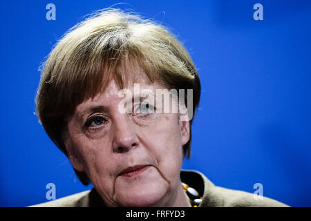 Berlin, Germany. 22nd Mar, 2016. German Chancellor Angela Merkel speaks during a press conference on the blasts in Brussels at the Chancellery in Berlin, Germany, March 22, 2016. Credit:  Zhang Fan/Xinhua/Alamy Live News Stock Photo