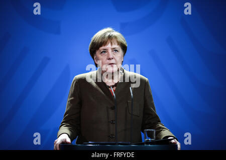 Berlin, Germany. 22nd Mar, 2016. German Chancellor Angela Merkel speaks during a press conference on the blasts in Brussels at the Chancellery in Berlin, Germany, March 22, 2016. Credit:  Zhang Fan/Xinhua/Alamy Live News Stock Photo