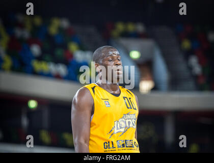 London, UK  22nd March, 2016. London Lions vs Surrey Scorchers at the Copper Box Arena in the  Park, London. London Lions' Olu Oyedeji.  London Lions win 103-80. copyright Carol Moir/Alamy Live News. Stock Photo