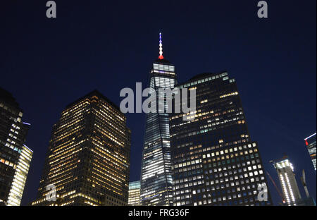 New York, USA. 22nd Mar, 2016. World Trade Center Tower Ones spire lit in solidarity with the people of Brussels following the terrorist attacks in Belgium. Credit:  Christopher Penler/Alamy Live News Stock Photo