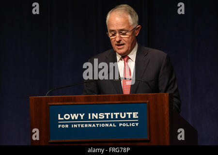 Sydney, Australia. 23 March 2016. The 2016 Lowy Lecture was delivered by the Prime Minister of Australia, the Hon. Malcolm Turnbull, MP. The 2016 Lowy Lecture was the Prime Minister’s first major address on Australia’s role in the world. The annual Lowy Lecture is the Lowy Institute's signature event each year, at which a prominent individual reflects on Australia’s role in the world and the world’s influence on Australia. Pictured: Australian Prime Minister Malcolm Turnbull. Credit: Richard Milnes/Alamy Live News Stock Photo