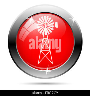 Windmill icon with white on red background Stock Photo