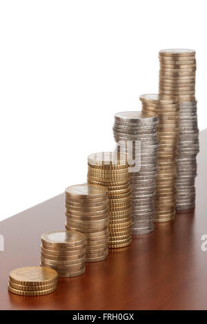 flat angled view of stacked side by side and leading in the depth of euro coins on a smooth wooden surface before white wall Stock Photo