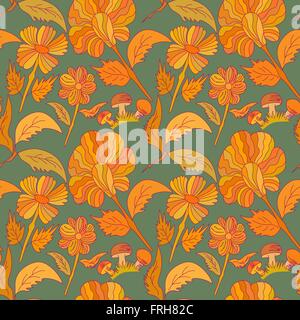 Colorful flowers doodle illustrations, seamless botanic printed pattern. Spring floral background. Stock Vector