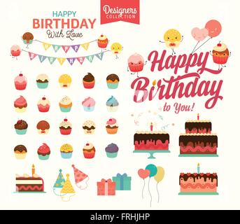 Happy Birthday Typographic sing with many Birthday Party elements Stock Vector