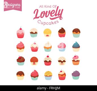 Lovely flat cupcake illustrations Vector illustration Stock Vector