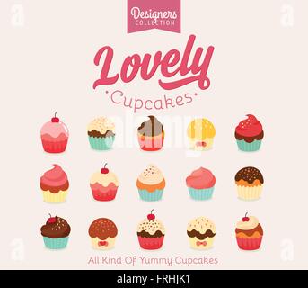 Lovely flat cupcake illustrations Vector illustration Stock Vector