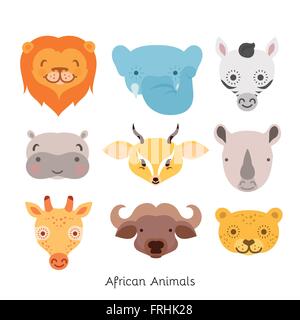 Cute African Animal Portrait Set with Flat Design. Vector Illustration Stock Vector