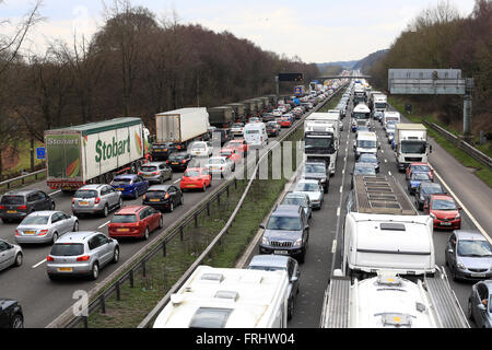 Picture shows M6 motorway misery in Staffordshire traffic jams across 6 lanes of motorway including Army manoeuvres Stock Photo