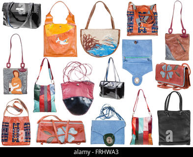 set of handmade female handbags isolated on white background Stock Photo