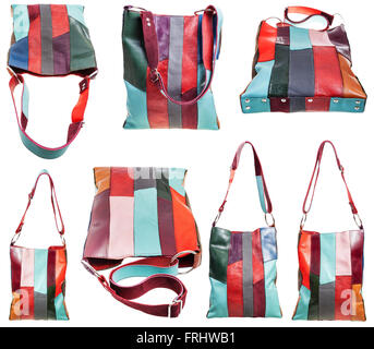 set from shoulder bag from multi-colored leather pieces isolated on white background Stock Photo
