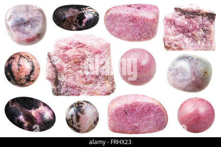 set of rhodonite mineral stones and polished gemstones isolated on white background Stock Photo