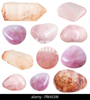 set of rose quartz polished gemstones and crystals isolated on white background Stock Photo