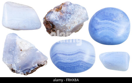 set of blue chalcedony (Blue Agate, sapphirine) crystals and polished gemstones isolated on white background Stock Photo