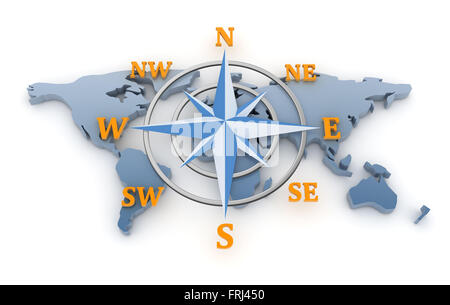 Compass on World Map , This is a computer generated and 3d rendered picture. Stock Photo