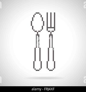 Spoon and fork icon in pixel art style with shadow on gradient background Stock Vector