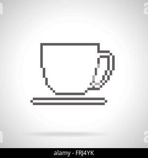 Cup and saucer icon in pixel art style with shadow on gradient background Stock Vector