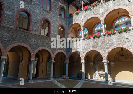 Interior courtyard of the Neo-Romanesque Palazzo Civico, the town hall of the city of Bellinzona, Ticino, Switzerland. Stock Photo