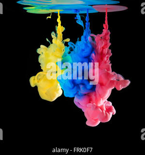 Colored inks in water on black background Stock Photo
