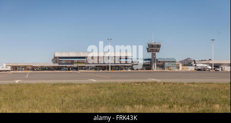 Airside view of the terminal and air traffic control tower at Hosea Kutako International Airport, Windhoek, Namibia, Southern Africa. Stock Photo