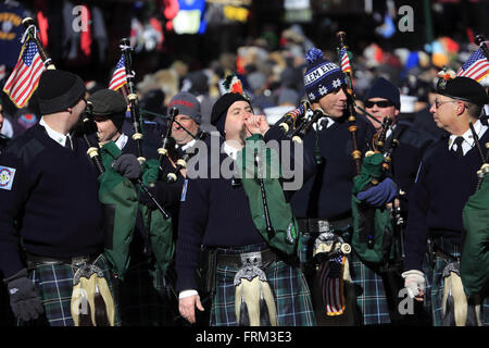 Irish pipe band marching in the annual Chinese Lunar New Year Parade in Manhattan Chinatown. USA Stock Photo
