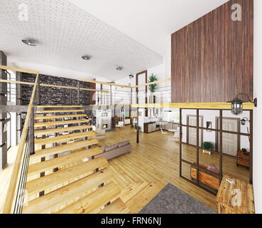 Modern loft apartment interior, living room,kitchen, staircase, 3d render Stock Photo