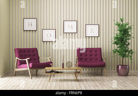 Modern interior of living room with two armchairs, coffee table and plant 3d render Stock Photo