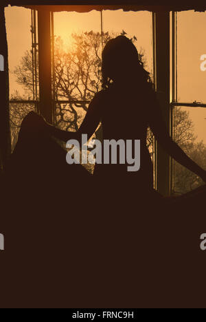 silhouette of the back of young woman holding her dress standing by the large window Stock Photo