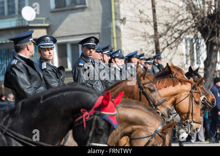 Sofia, Bulgaria - March 19, 2016: Policemen and policewomen from Horse police unit are participating in a parade at Saint Theodo Stock Photo