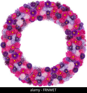 Round photo frame from gentle autumn violet and pink asters flowers.  Isolated on white Stock Photo