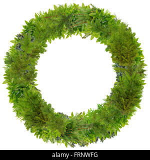 Christmas round  wreath  frame made from pine, fir tree,  juniper, holly and so on green sharp branches. Abstract handmade isola Stock Photo