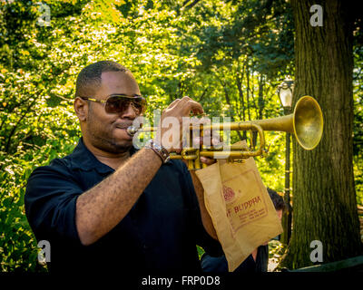 Jazz musicians busking in Central Park, New York City, USA. Stock Photo