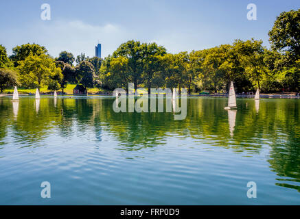 Model Boats on Conservatory Water, East Side from 72nd to 75th Street, Central Park, New York City, USA. Stock Photo