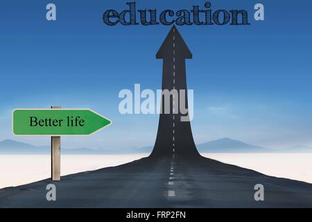 The word education against road turning into arrow Stock Photo