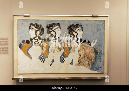 Blue ladies of the Minoan Court from the Palace of Knossos, Minoan,1500 BC (fresco painting), Archaeological Museum of Heraklion Stock Photo