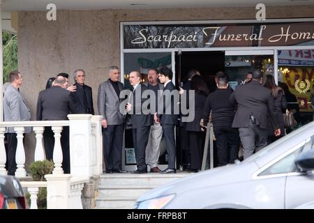 Guests attend a memorial service for the late Mob Wives star Big Ang, before her funeral on Monday  Featuring: Guest Where: Manhattan, New York, United States When: 20 Feb 2016 Stock Photo