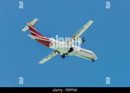 The aircraft Air Mauritius ATR 72-500 coming in to land at the Sir Seewoosagur Ramgoolam International Airport Stock Photo