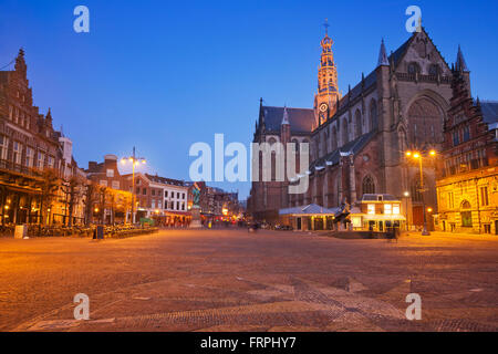 The Grote Markt square and the St. Bavo Church in Haarlem at night. Stock Photo