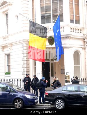 London, UK. 23rd March, 2016. Armed police guard the Belgian Embassy in London following the Brussels attacks on March 22nd Credit:  Brian Minkoff/Alamy Live News Stock Photo