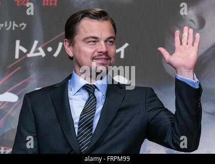 Tokyo, Japan. 23rd Mar, 2016. US actor Leonardo DiCaprio attends the Japan premiere for the film 'The Revenant' in downtown Tokyo, Japan on March 23, 2016. DiCaprio won the Academy Award for Best Actor for the leading role in his latest film 'The Revenant.' The film hits the Japanese theaters on April 22, 2016. © AFLO/Alamy Live News Stock Photo