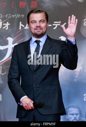 Tokyo, Japan. 23rd Mar, 2016. US actor Leonardo DiCaprio attends the Japan premiere for the film 'The Revenant' in downtown Tokyo, Japan on March 23, 2016. DiCaprio won the Academy Award for Best Actor for the leading role in his latest film 'The Revenant.' The film hits the Japanese theaters on April 22, 2016. © AFLO/Alamy Live News Stock Photo