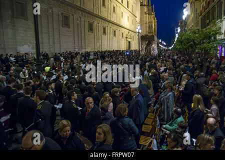 Seville, Spain. 23rd Mar, 2016. Paso of Nuestra Se''“ora del Refugio of the Brotherhood called ''San Bernardo'' passing through the official traject to to Cathedral on Holy Wednesday, day called Miercoles Santo in Spanish. Credit:  Daniel Gonzalez Acuna/ZUMA Wire/Alamy Live News Stock Photo