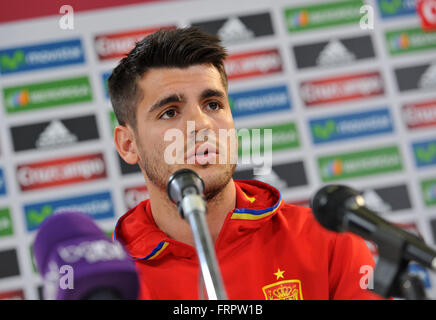 Udine, Italy. 23rd March, 2016. Spain's forward  Alvaro Morata (Juventus FC) during the press conference for the friendly football match between Italy and Spain at Dacia Arena on 23th March 2016. photo Simone Ferraro / Alamy Live News Stock Photo