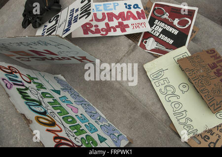 Denver, Colorado, USA. 21st Mar, 2016. Signs created by homeless rights activists sit on the steps of the Denver City and County Building. On March 21, 2016, members of the collective Denver Homeless Out Loud and residents experiencing homelessness gathered on the steps of the City and County building to denounce the recent ''sweeping'' of homeless camps from city streets. Since March 8, city employees have removed the belongings of homeless individuals from sidewalks where they had set up camp in Denver's Ballpark neighborhood, adjacent to area shelters. (Credit Image: © Graham Charles Hu Stock Photo